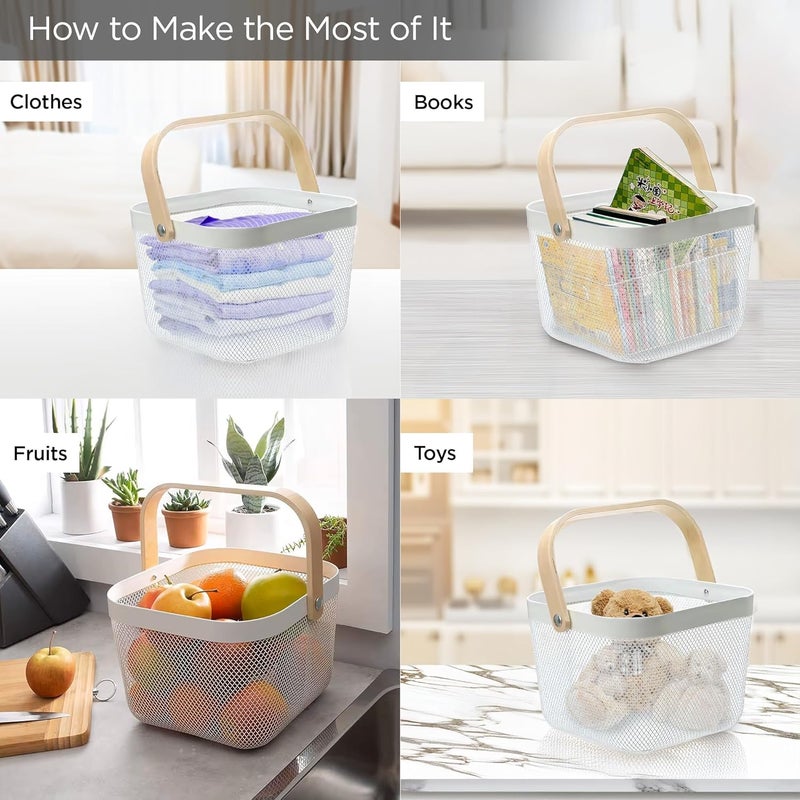 UMAI Metal Mesh Basket For Storage With Wooden Handle White Fruit Basket Storage Baskets Storage Organizer Home Decor Items - Image 5