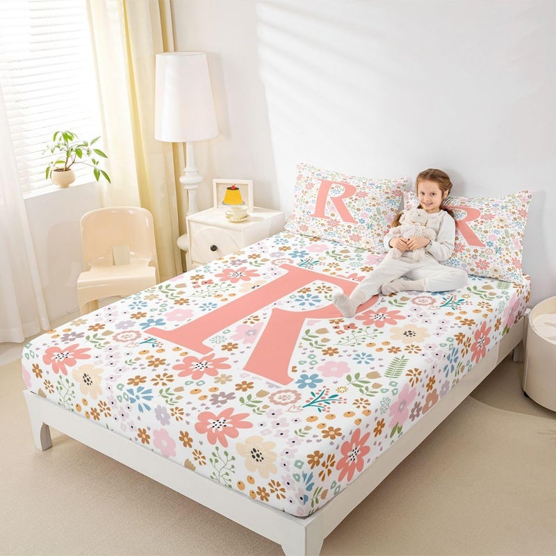 Erosebridal Initial R Letter Fitted Sheet Full Size for Kids Boys Girls,Cute Pink Flowers Bed Sheets,Farmhouse Floral Bed Set,Wildflower Bedding Set with 2 Pillowcases Luxury Soft,no Flat Sheet - Image 4