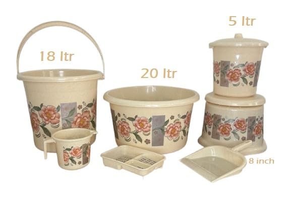 GinoSet Round Bathroom Set 7Pieces Heavy Duty Large Capacity 1 Tub 20 LTR 1 Bucket 18 LTR 1 Patla 1 Mug 15 LTR 1 Soapcase1 Dustpan 1 Dustbin Brown Bathroom Accessory SetPlastic - Image 2