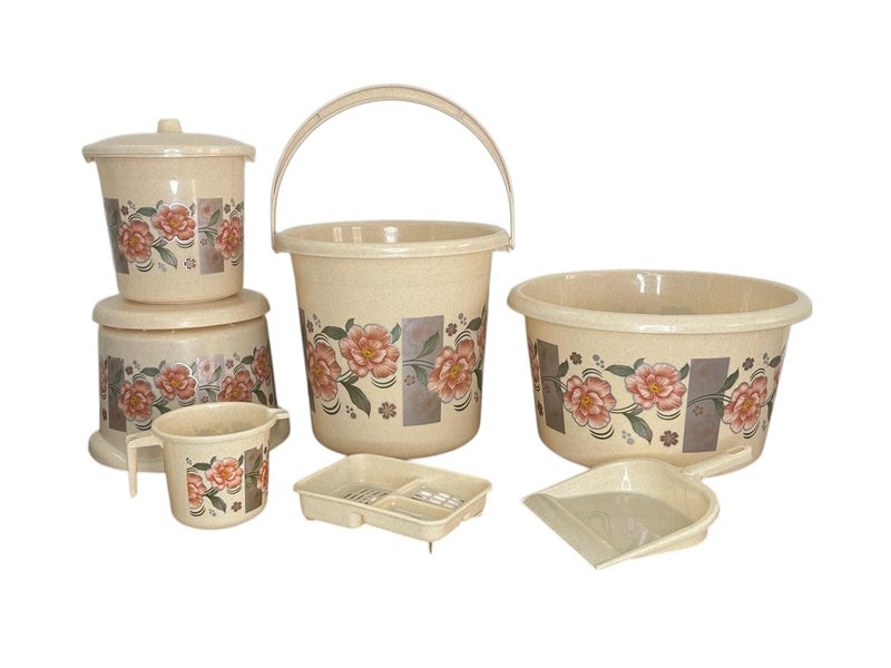 GinoSet Round Bathroom Set 7Pieces Heavy Duty Large Capacity 1 Tub 20 LTR 1 Bucket 18 LTR 1 Patla 1 Mug 15 LTR 1 Soapcase1 Dustpan 1 Dustbin Brown Bathroom Accessory SetPlastic - Image 1