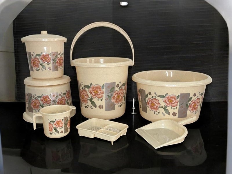 GinoSet Round Bathroom Set 7Pieces Heavy Duty Large Capacity 1 Tub 20 LTR 1 Bucket 18 LTR 1 Patla 1 Mug 15 LTR 1 Soapcase1 Dustpan 1 Dustbin Brown Bathroom Accessory SetPlastic - Image 3
