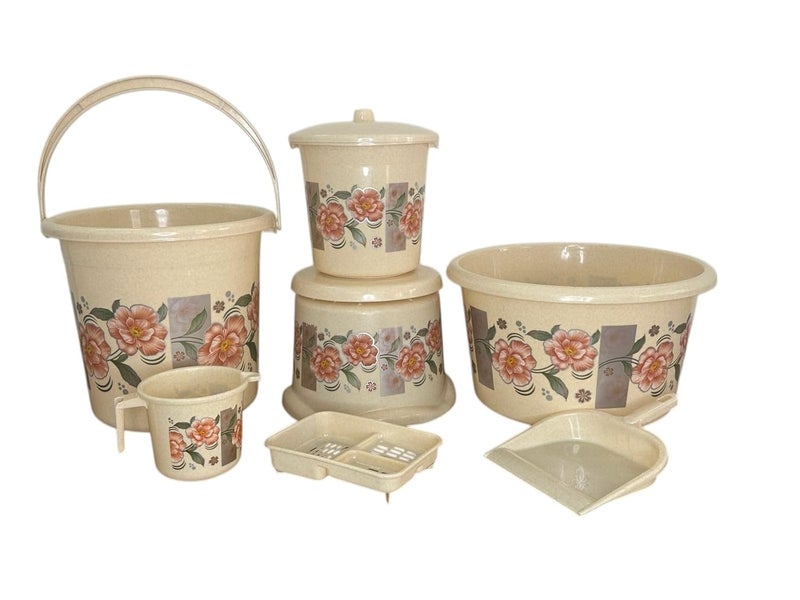 GinoSet Round Bathroom Set 7Pieces Heavy Duty Large Capacity 1 Tub 20 LTR 1 Bucket 18 LTR 1 Patla 1 Mug 15 LTR 1 Soapcase1 Dustpan 1 Dustbin Brown Bathroom Accessory SetPlastic - Image 5