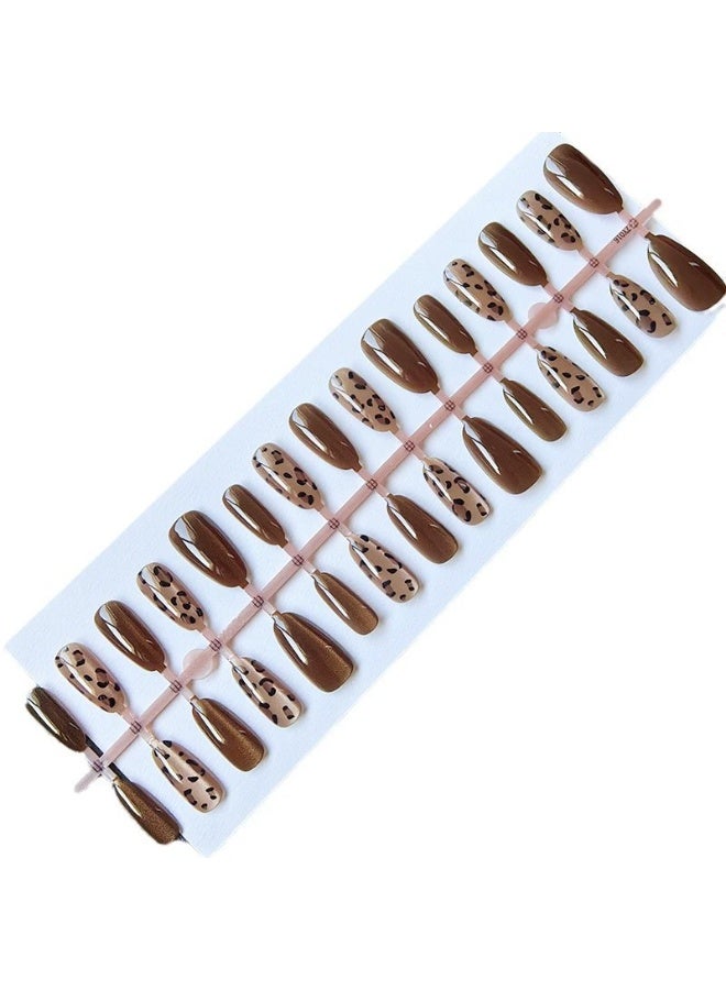 Goolsky Almond Press-on Nails with Dark Brown Leopard Cat Eye for Cool Style - Image 1