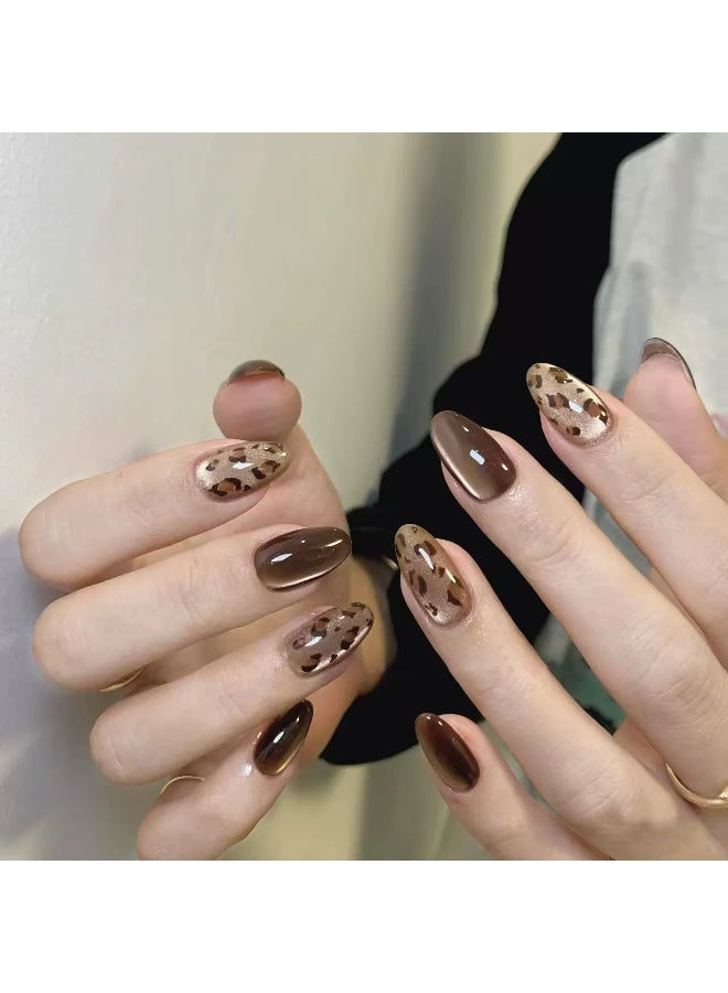 Goolsky Almond Press-on Nails with Dark Brown Leopard Cat Eye for Cool Style - Image 2