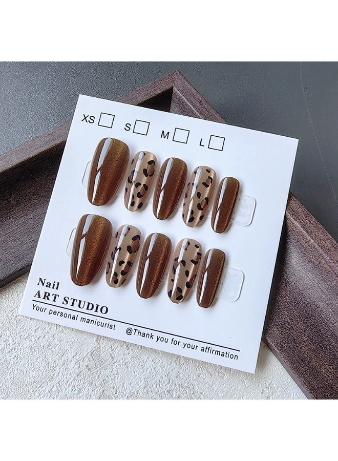 Goolsky Almond Press-on Nails with Dark Brown Leopard Cat Eye for Cool Style - Image 3