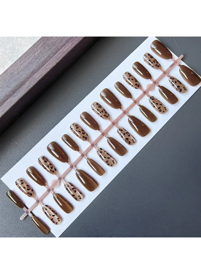 Goolsky Almond Press-on Nails with Dark Brown Leopard Cat Eye for Cool Style - Image 4