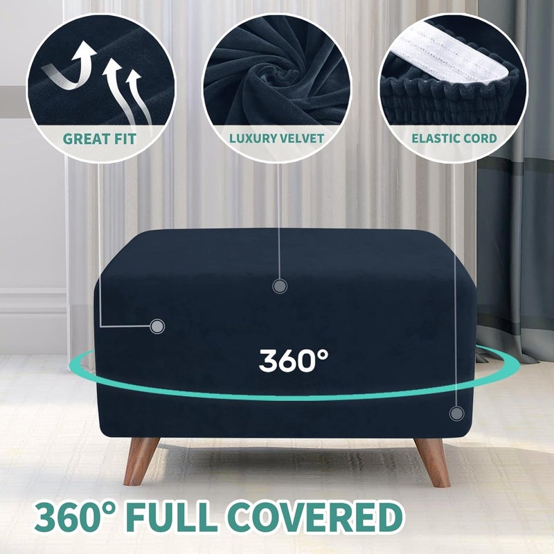 MAXIJIN Velvet Ottoman Cover Rectangular Stretch Square Ottoman Covers Slipcover Rectangle Washable Foot Stool Cover Thick Storage Protector with Elastic Bottom (Ottoman X-Small, Navy Blue) - Image 4