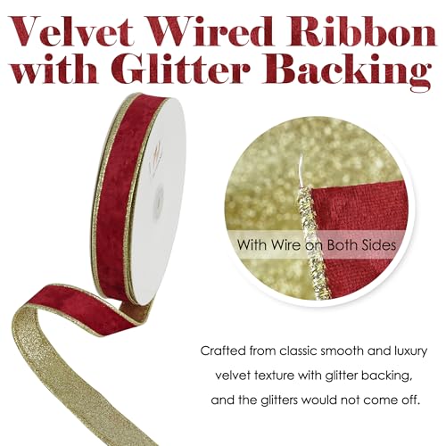 HUIHUANG Red Velvet Wired Ribbon 1 inch Red Velvet with Glitter Gold Christmas Ribbon for Tree Decorations Gift Wrapping Wreaths Garlands Bows Continuous 20 Yards - Image 3