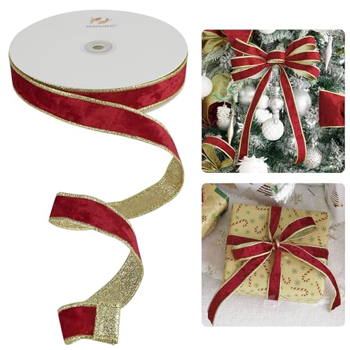 HUIHUANG Red Velvet Wired Ribbon 1 inch Red Velvet with Glitter Gold Christmas Ribbon for Tree Decorations Gift Wrapping Wreaths Garlands Bows Continuous 20 Yards - Image 1