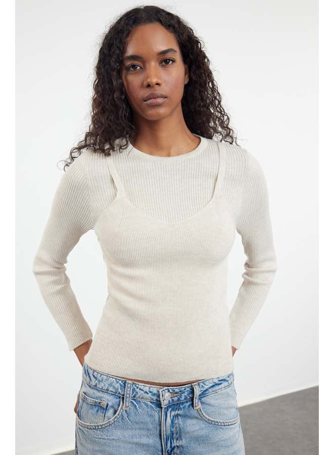 trendyol Beige Basic Double Knitwear Sweater TWOAW25KZ00016 - Image 1