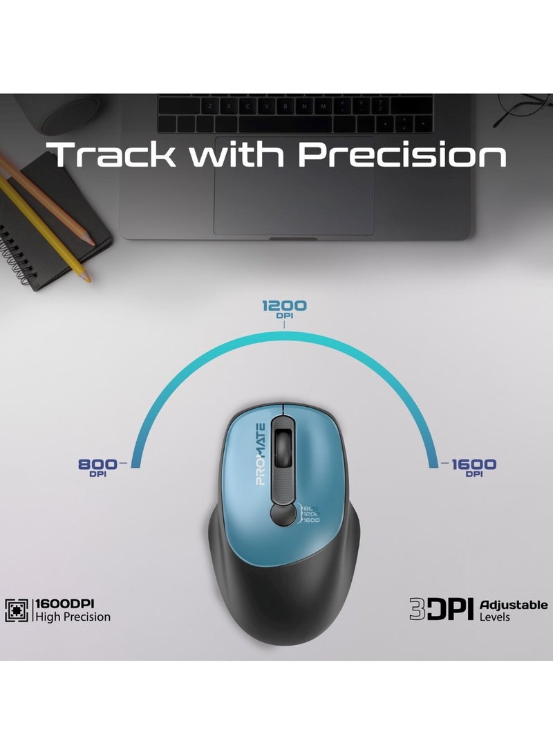 PROMATE Wireless Mouse, EZGrip Ergonomic Ambidextrous 2.4GHz Wireless Mice With Adjustable 1600DPI, 6 Million Keystrokes, Nano USB Receiver, 10M Range And 120-hour Working Time For Laptops, PC, UniGlide Blue - Image 3