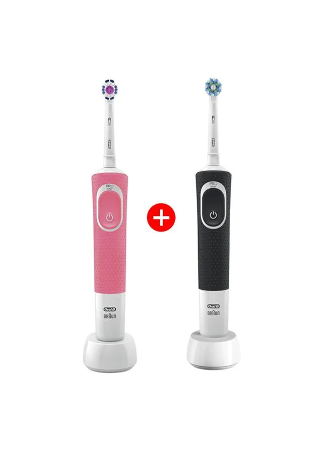 Oral-b Oral-B Vitality D100 Electric Toothbrush 1+1 Bundle, Rechargeable Toothbrush for Adults, Black & Pink Handles, CrossAction & 3D White Brush Heads, 8-Day Battery, 30-Second Quadrant Timer, UAE 3-Pin Plug