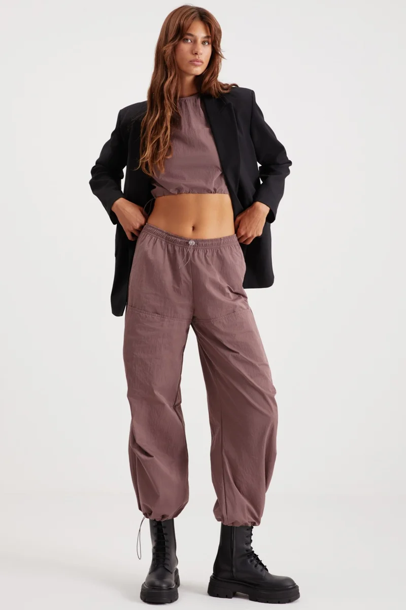 GRIMELANGE Annelise Women's Waterproof Parachute Fabric Plum Trousers with Elastic Waist and Legs