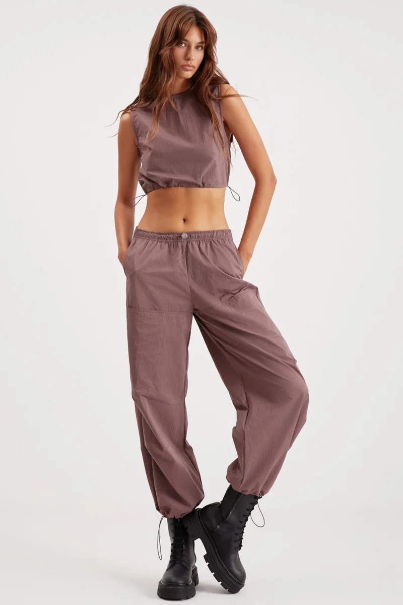 GRIMELANGE Annelise Women's Waterproof Parachute Fabric Plum Trousers with Elastic Waist and Legs