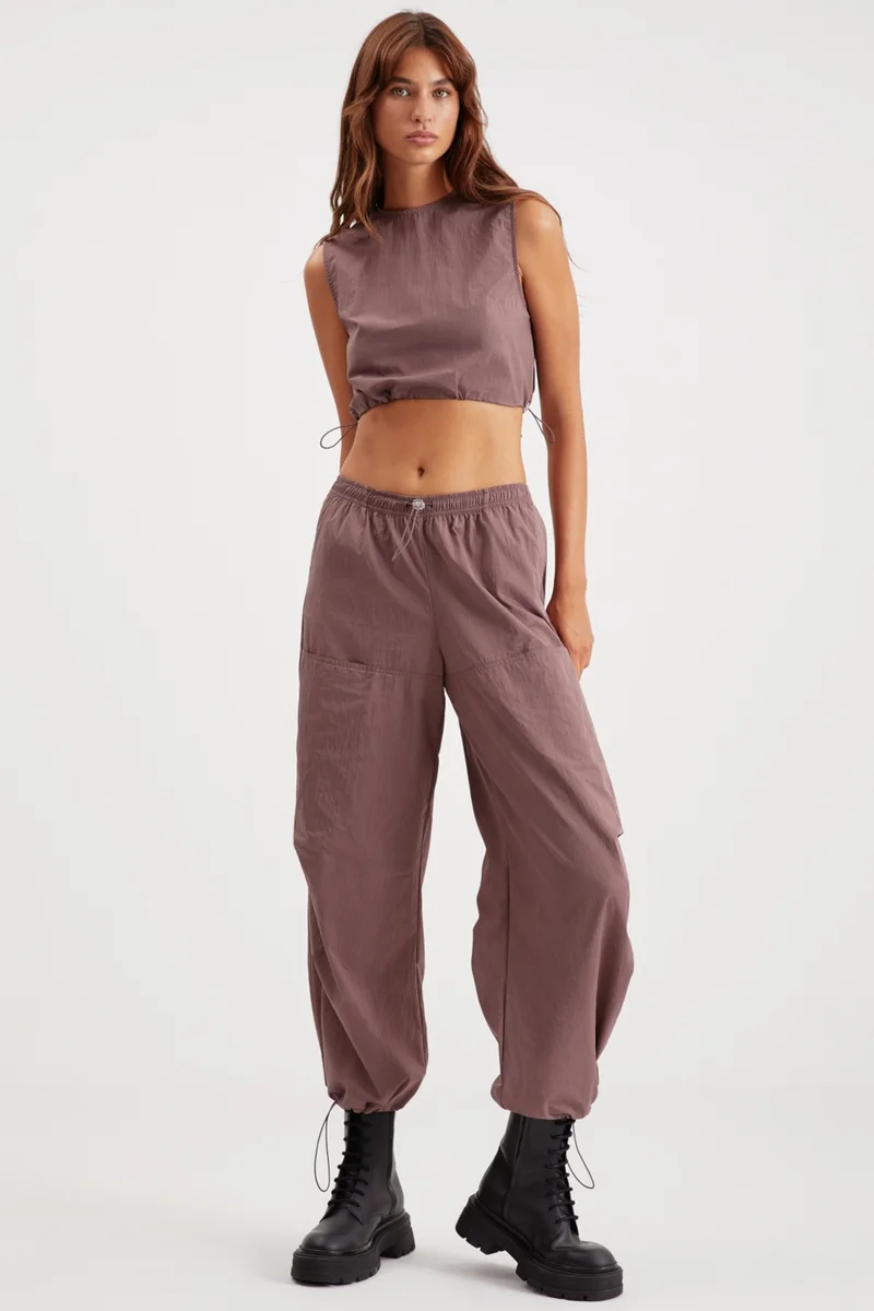 GRIMELANGE Annelise Women's Waterproof Parachute Fabric Plum Trousers with Elastic Waist and Legs