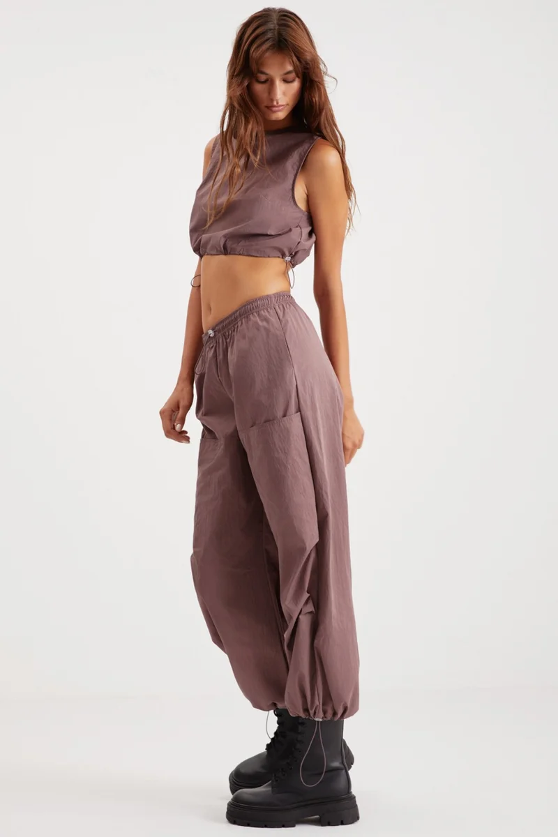GRIMELANGE Annelise Women's Waterproof Parachute Fabric Plum Trousers with Elastic Waist and Legs