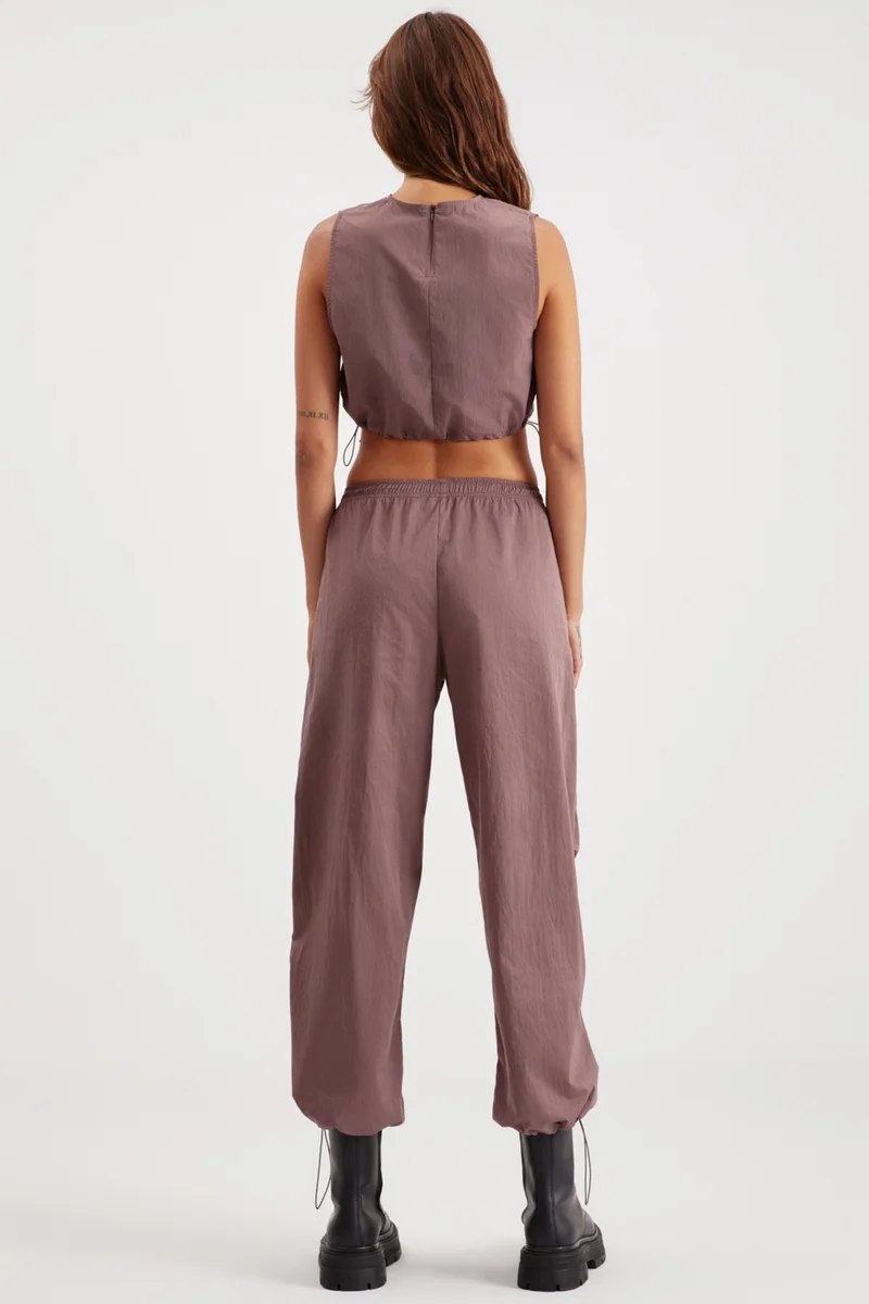 GRIMELANGE Annelise Women's Waterproof Parachute Fabric Plum Trousers with Elastic Waist and Legs