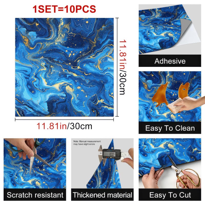 HOMETITUTE 10PCS 12x12 Inch Blue Marble Swirl Peel and Stick Floor Tiles Removable Self Adhesive Vinyl Flooring Stickers with Gold Texture for Bathroom Kitchen Wall Decor - Image 5