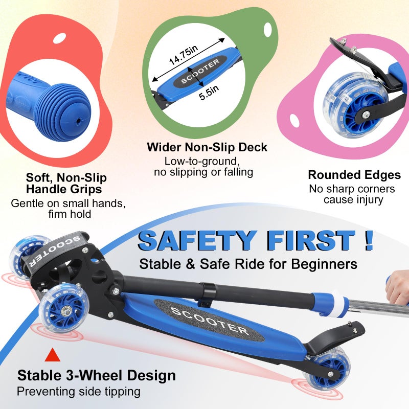 DEROFIT Kick Scooter for Kid 3-5 5-7,LED Lighted 3 Wheels,Folding Scooter, Lean to Steer,Adjustable Height,Widen Anti-Slip Deck, Heavy Duty Metal Toddler Scooters for Boys Girls 3-8 up to 150 LBs - Image 3