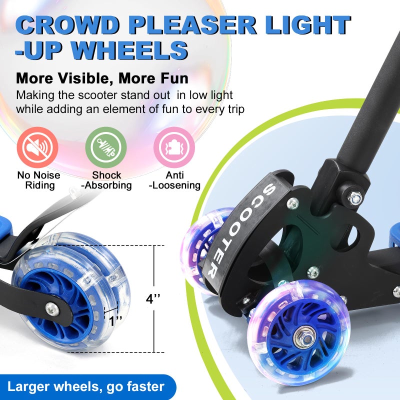 DEROFIT Kick Scooter for Kid 3-5 5-7,LED Lighted 3 Wheels,Folding Scooter, Lean to Steer,Adjustable Height,Widen Anti-Slip Deck, Heavy Duty Metal Toddler Scooters for Boys Girls 3-8 up to 150 LBs - Image 4