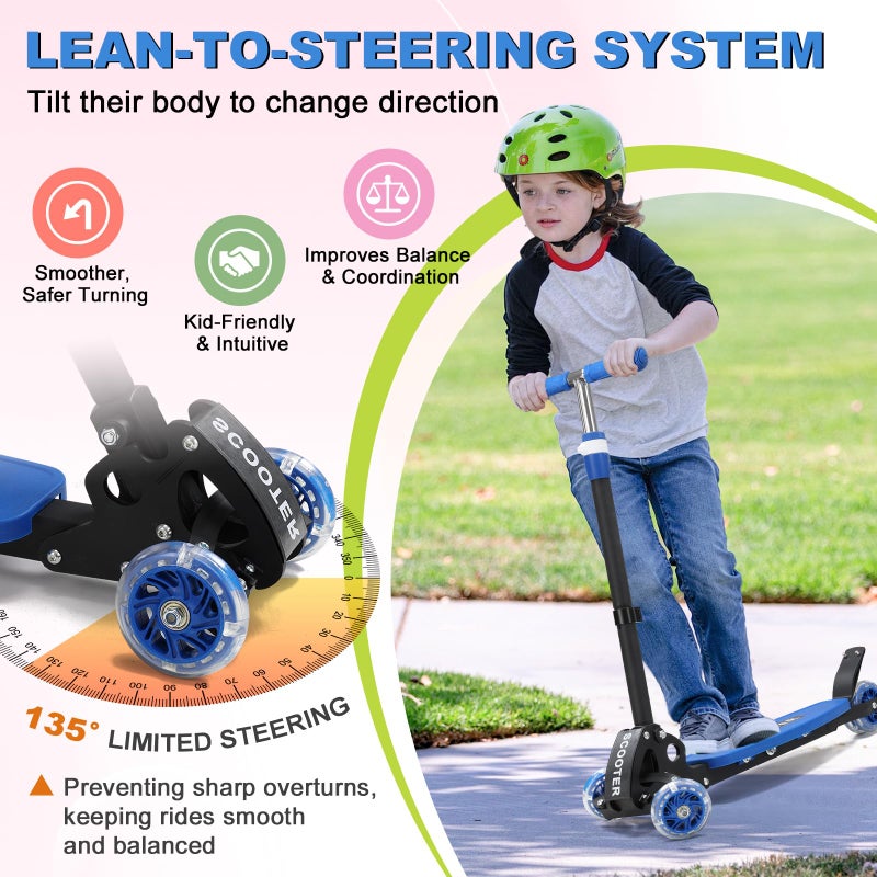 DEROFIT Kick Scooter for Kid 3-5 5-7,LED Lighted 3 Wheels,Folding Scooter, Lean to Steer,Adjustable Height,Widen Anti-Slip Deck, Heavy Duty Metal Toddler Scooters for Boys Girls 3-8 up to 150 LBs - Image 2