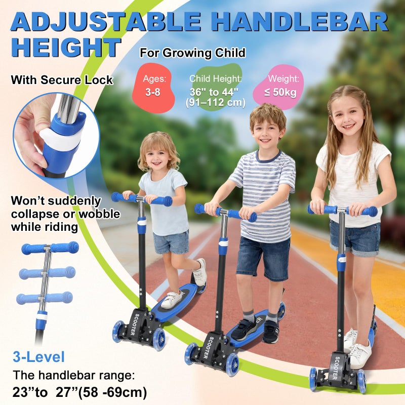 DEROFIT Kick Scooter for Kid 3-5 5-7,LED Lighted 3 Wheels,Folding Scooter, Lean to Steer,Adjustable Height,Widen Anti-Slip Deck, Heavy Duty Metal Toddler Scooters for Boys Girls 3-8 up to 150 LBs - Image 5