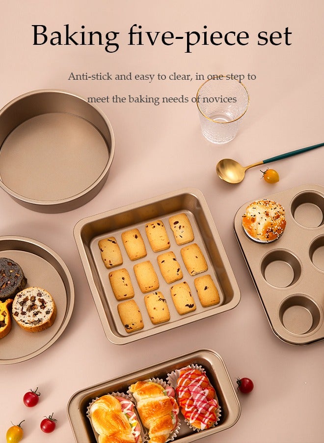 5 Pieces Of Bakeware Set, Non Stick Baking Mold Set, Carbon Steel Cake Mold Set, Kitchen Baking Tools，With Pizza Tray, Round, Square Baking Tray, Cake Mold Plate, Suitable For Novice Bakers