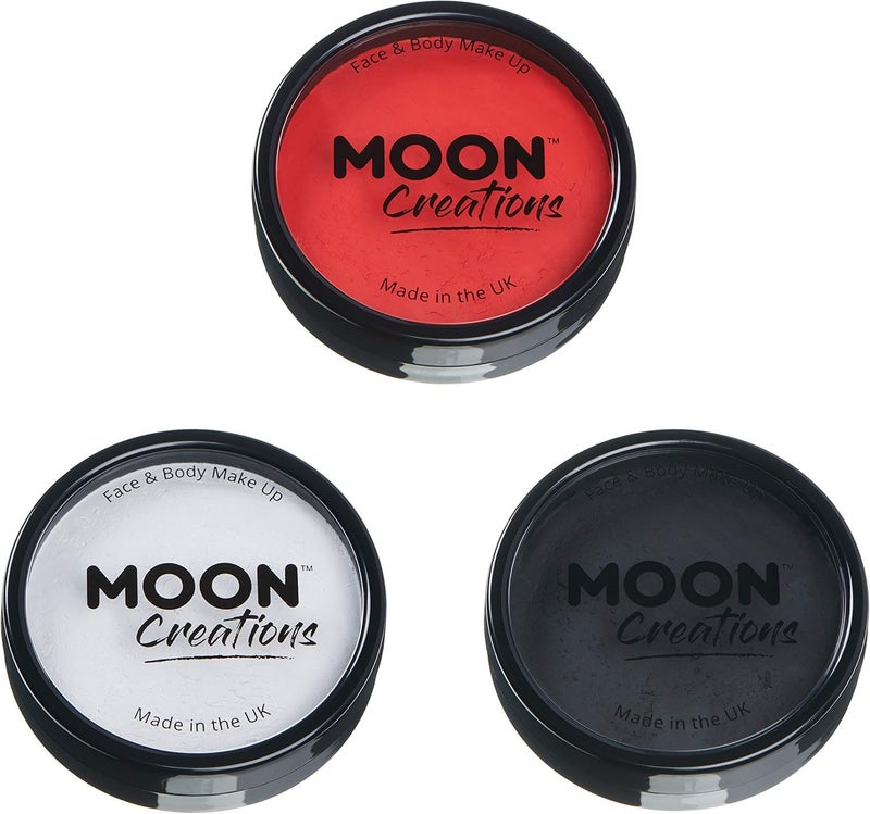 Moon Creations Pro Face & Body Paint Cake Pots by Moon Creations - Set of 3 - Professional Water Based Face Paint Makeup for Adults, Kids - 1.26oz