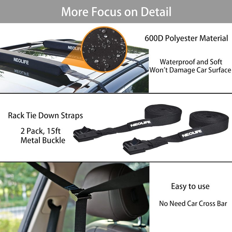 WONITAGO Soft Roof Rack Pads with Single Wrap-Rax Straps and Storage Bag, Universal Car Roof Rack for Surfboard, Kayak, SUP Paddleboard, Canoe, 28" (Pair) - Image 3