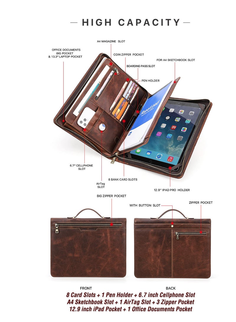 SYOSI Handmade Vintage Portfolio Letter Size Notepad/Legal Pad, Business Organizer Padfolio with Handle, for Men and Women, Work Portfolio with Notepad for Meeting and Travel 12.9 Inch Brown - Image 4
