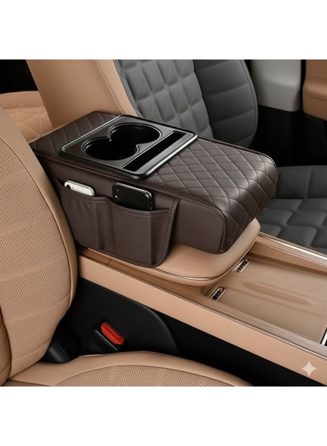 Armrest with cup holder and storage pockets.