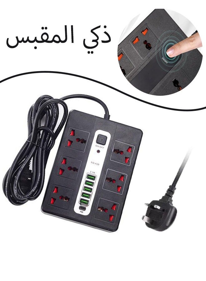 مقبس متعدد ذكي مع شريط طاقة مقبس شحن سريع عالمي كابل تمديد بطول 2 متر شاحن خط طويل لوحة أسلاك 6 مقابس 5 منافذ شحن USB قابلية واسعة للاستخدام في المكتب والمنزل A39 (أسود)  - Image 1
