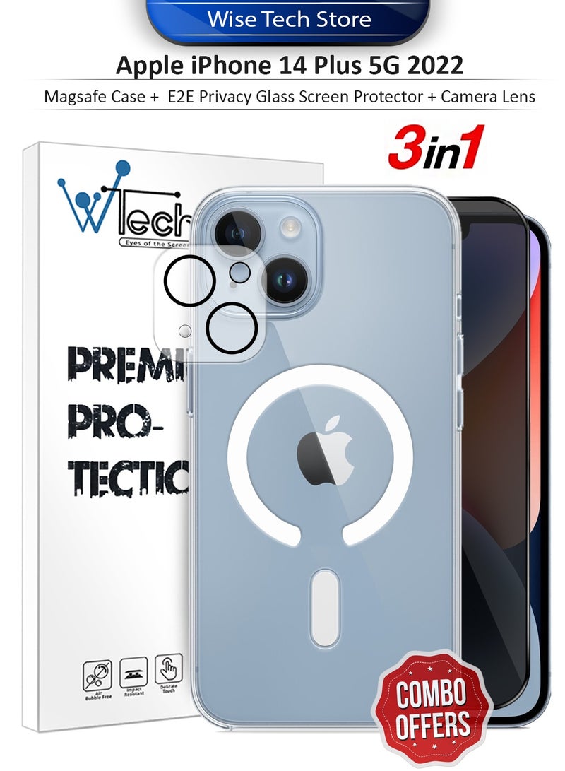 دبليو تيك حزمة حماية 3 في 1 لهاتف آيفون 14 بلس 5G 2022 من آبل، غطاء شفاف مقاوم للصدمات مع دعم Magsafe، واقي شاشة زجاجي للخصوصية من الحافة إلى الحافة وواقي عدسة الكاميرا بحماية 360، سهل التركيب - شفاف/أسود - Image 1
