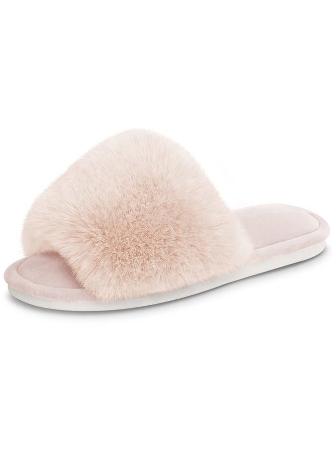 Parlovable Women's Fuzzy Faux Fur Slippers Flat Spa Slide Fluffy Open Toe House Shoes Indoor Outdoor Slip on Memory Foam Sandals Beige 5-6 - Image 1
