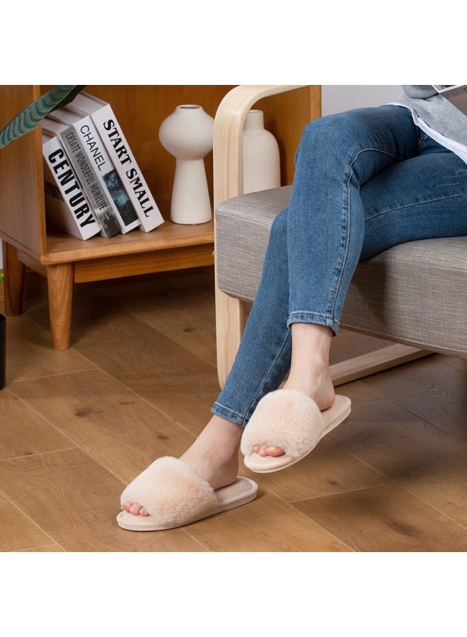 Parlovable Women's Fuzzy Faux Fur Slippers Flat Spa Slide Fluffy Open Toe House Shoes Indoor Outdoor Slip on Memory Foam Sandals Beige 5-6 - Image 2