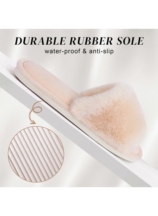 Parlovable Women's Fuzzy Faux Fur Slippers Flat Spa Slide Fluffy Open Toe House Shoes Indoor Outdoor Slip on Memory Foam Sandals Beige 5-6 - Image 4