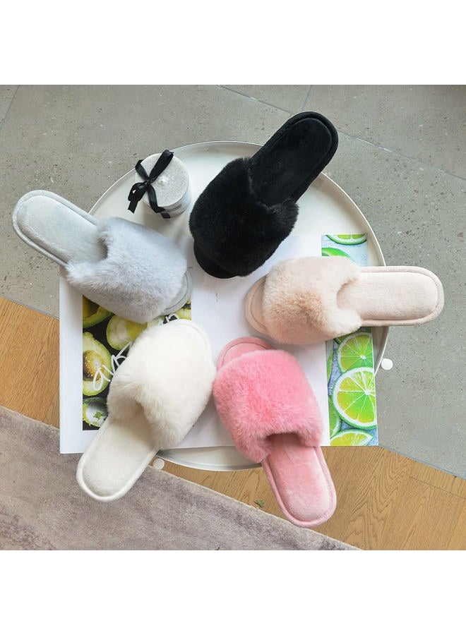Parlovable Women's Fuzzy Faux Fur Slippers Flat Spa Slide Fluffy Open Toe House Shoes Indoor Outdoor Slip on Memory Foam Sandals Beige 5-6 - Image 3