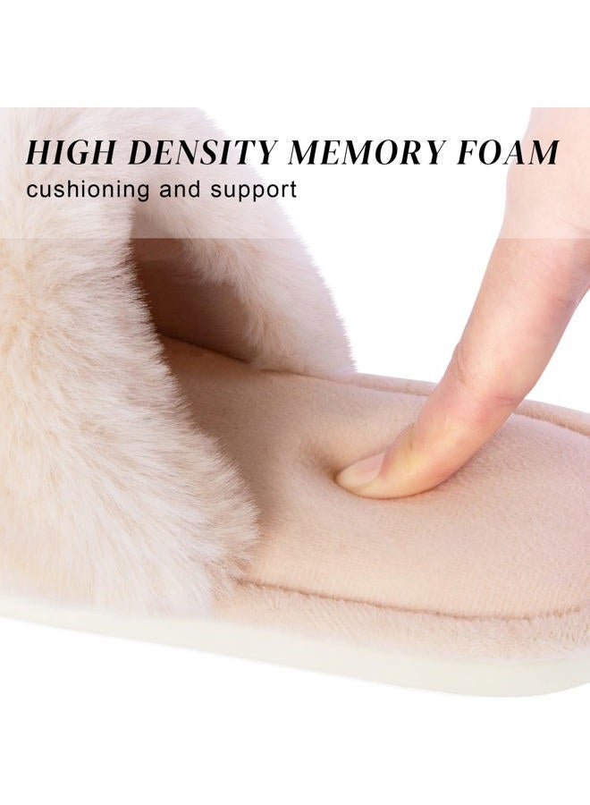Parlovable Women's Fuzzy Faux Fur Slippers Flat Spa Slide Fluffy Open Toe House Shoes Indoor Outdoor Slip on Memory Foam Sandals Beige 5-6 - Image 5