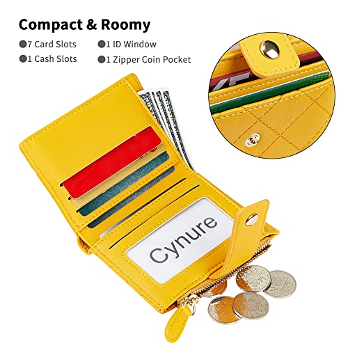 Cynure Women's Cute Leather Card Holder Small Compact Bifold Wallet with Zip Coin Pocket, Yellow - Image 2