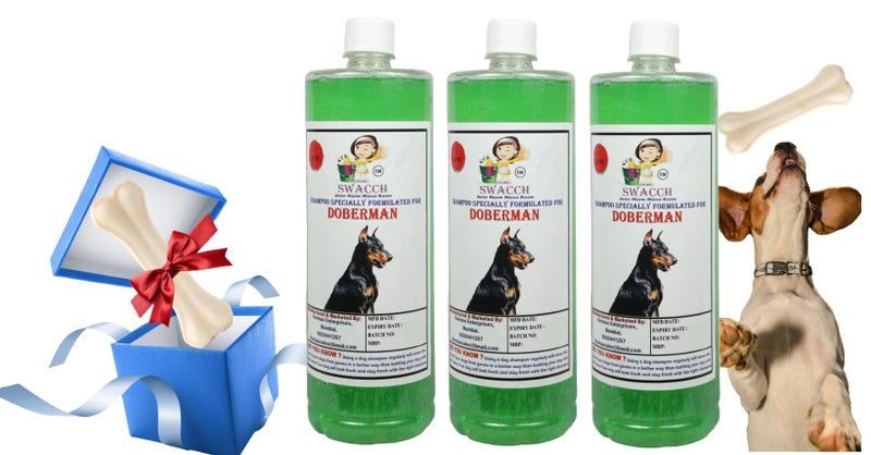 swacch Shampoo | Puppy Safe Shampoo | Doberman Dog Shampoo (1 Litre) (Pack of 3) Neem Alovera + Large White Bone | Dog Chew Bones | Teething chew Toy | Dental Teething | Combo Pack - Image 1