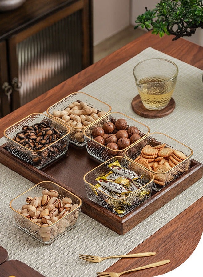 هاهاهاي طقم حاوية تقديم المكسرات من خشب الجوز، 6 صينية تقديم وجبات خفيفة زجاجية شفافة مع غطاء، صينية فواكه جافة خشبية، طبق حلوى الفواكه المجففة، طبق حلوى المكسرات، رقائق البسكويت، رقائق البطاطس للحفلات - Image 2