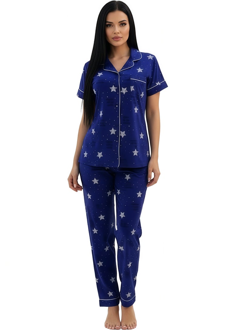 جوانا طقم بيجاما نسائي بتصميم نجوم، قميص بأزرار نصف كم وبنطال طويل - أزرق - Image 1