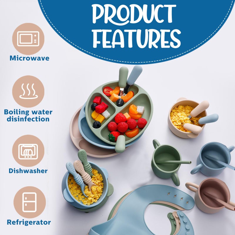 Yinder 24 Pack Silicone Baby Feeding Set Baby LED Weaning Supplies Includes Suction Divided Plates Soft Bowl Spoons Forks Adjustable Bib Snack Cup and Straws(Gray Blue, Army Green, Beige) - Image 5