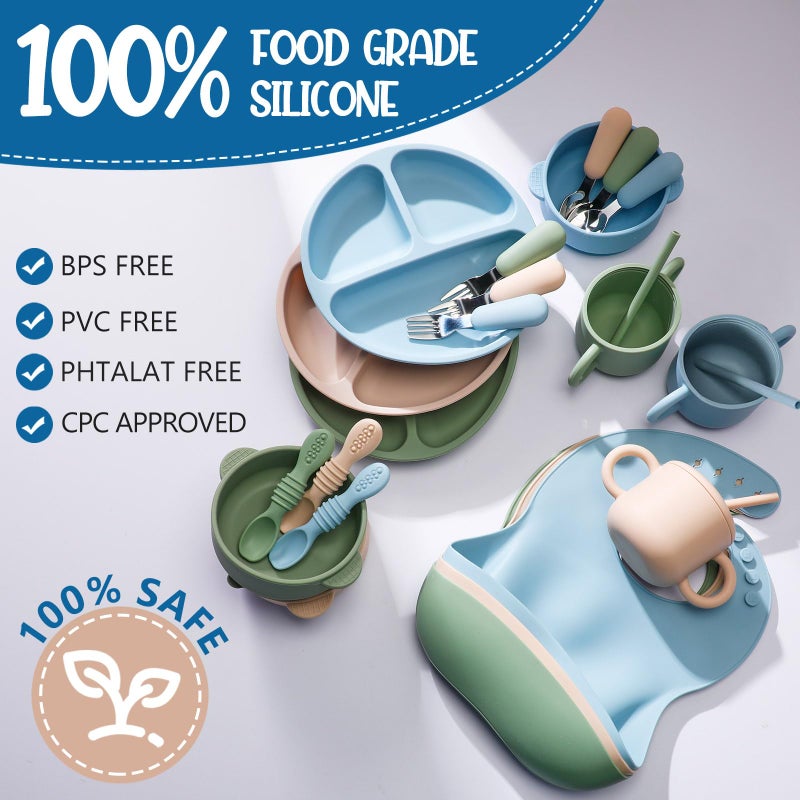 Yinder 24 Pack Silicone Baby Feeding Set Baby LED Weaning Supplies Includes Suction Divided Plates Soft Bowl Spoons Forks Adjustable Bib Snack Cup and Straws(Gray Blue, Army Green, Beige) - Image 2
