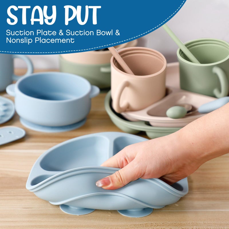 Yinder 24 Pack Silicone Baby Feeding Set Baby LED Weaning Supplies Includes Suction Divided Plates Soft Bowl Spoons Forks Adjustable Bib Snack Cup and Straws(Gray Blue, Army Green, Beige) - Image 4