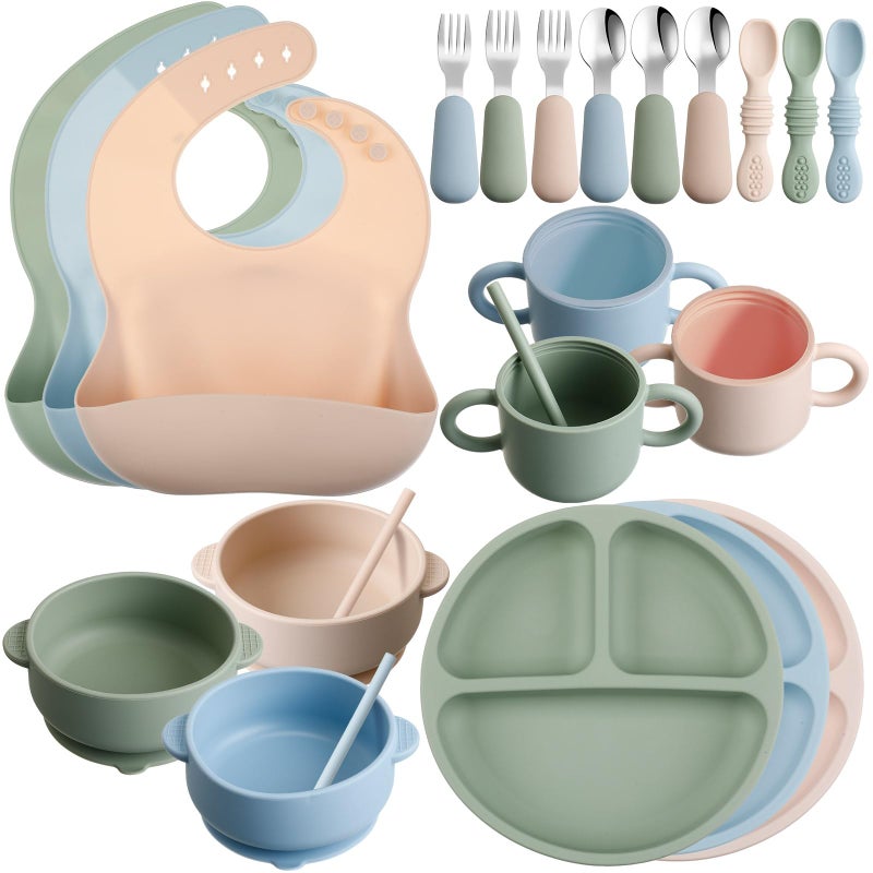 Yinder 24 Pack Silicone Baby Feeding Set Baby LED Weaning Supplies Includes Suction Divided Plates Soft Bowl Spoons Forks Adjustable Bib Snack Cup and Straws(Gray Blue, Army Green, Beige) - Image 1