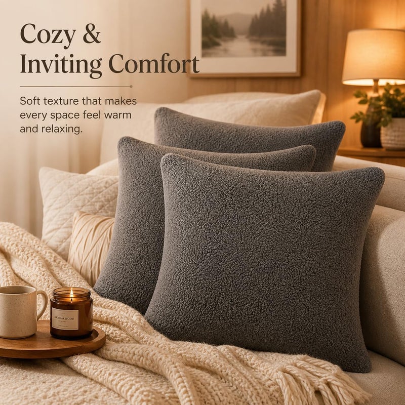 Reafort Sherpa Euro Sham Pillow Cover 26x26 Inch, Ultra Soft Plush Fluffy Decorative Throw Pillow Case with Hidden Zipper, Cozy Cushion Cover for Bed Couch Sofa (Charcoal Grey, 26"x26" Euro Sham) - Image 5