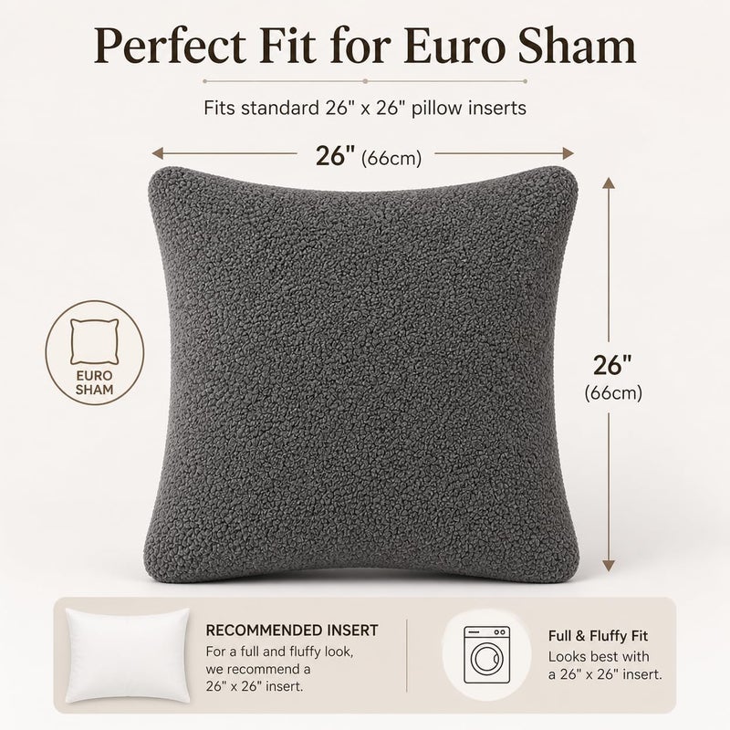 Reafort Sherpa Euro Sham Pillow Cover 26x26 Inch, Ultra Soft Plush Fluffy Decorative Throw Pillow Case with Hidden Zipper, Cozy Cushion Cover for Bed Couch Sofa (Charcoal Grey, 26"x26" Euro Sham) - Image 2