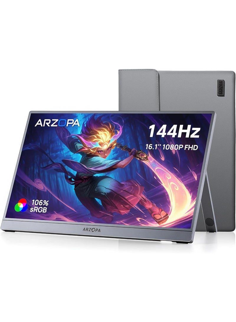 ARZOPA 16.1 Inch Portable Gaming Monitor Z1FC with sleeve, 144Hz FHD 1080P Ultra Slim External Display with HDR, 106% sRGB, Eye Care, Kickstand Second Screen for Laptop, PC, MacBook, Xbox, PS5 - Image 1