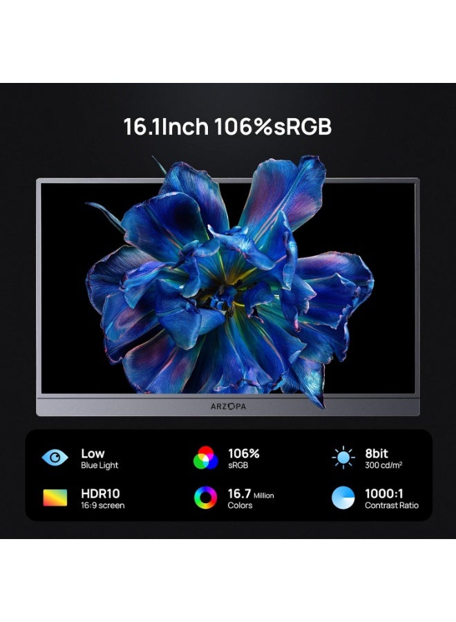 ARZOPA 16.1 Inch Portable Gaming Monitor Z1FC with sleeve, 144Hz FHD 1080P Ultra Slim External Display with HDR, 106% sRGB, Eye Care, Kickstand Second Screen for Laptop, PC, MacBook, Xbox, PS5 - Image 2